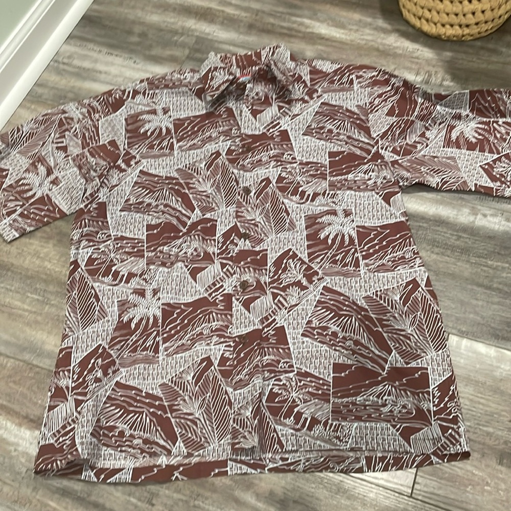 Reyn Spooner Shirt Mens Small Tailored Button Brown & Blue Woven Palm Tree Print